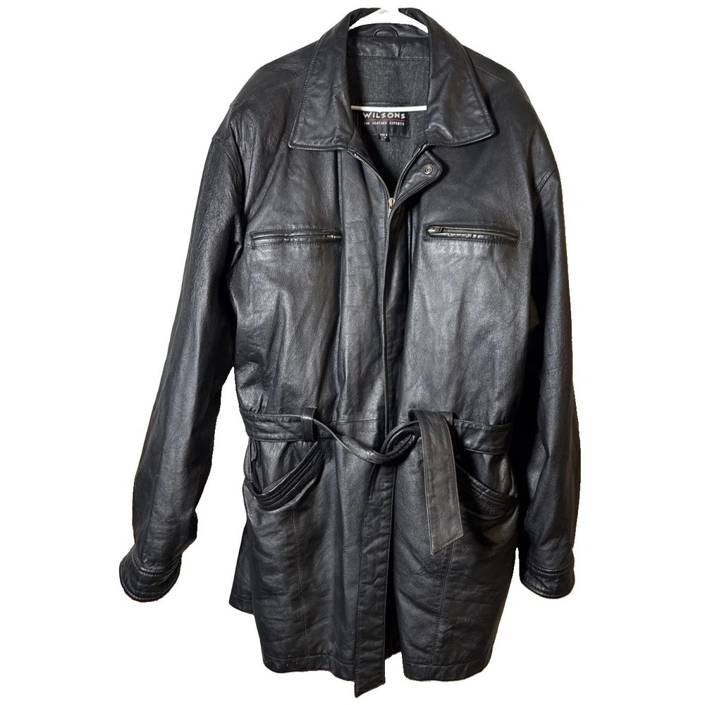 VTG Wilsons Leather Men XLT Black Genuine Leather Belted Coat XL Tall Y2K